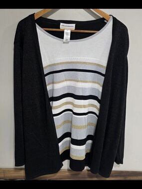 Alfred Dunner Black Cardigan with Metallic Gold & Silver Striped Top